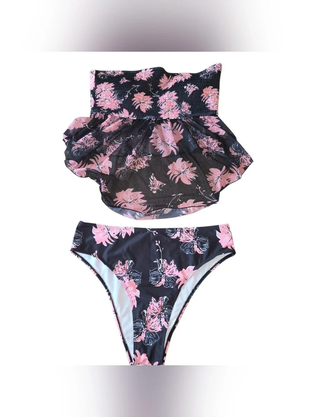 Black and Pink Floral Bandeau Tankini Set